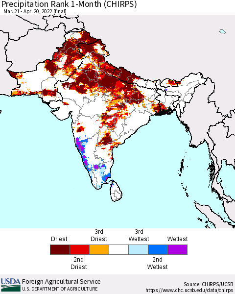 Southern Asia Precipitation Rank 1-Month (CHIRPS) Thematic Map For 3/21/2022 - 4/20/2022