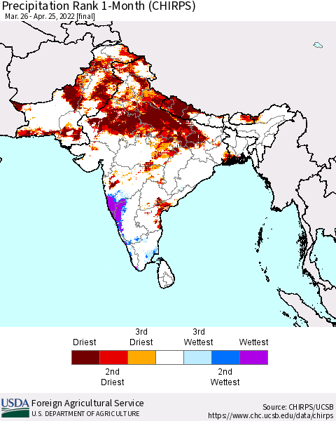 Southern Asia Precipitation Rank 1-Month (CHIRPS) Thematic Map For 3/26/2022 - 4/25/2022