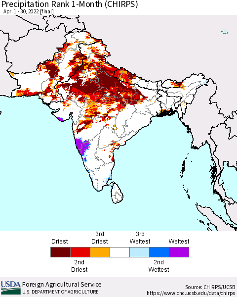 Southern Asia Precipitation Rank 1-Month (CHIRPS) Thematic Map For 4/1/2022 - 4/30/2022