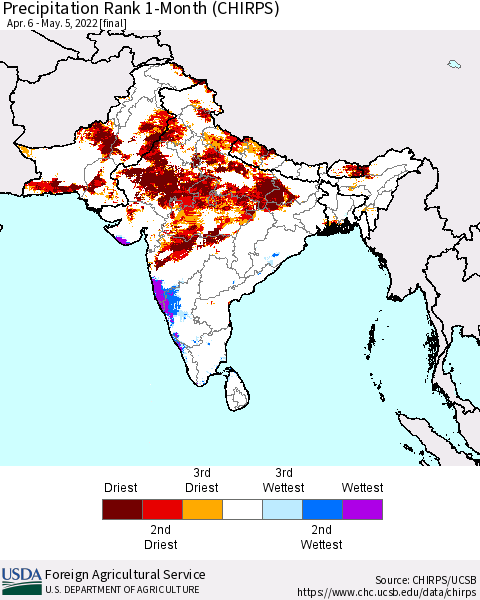 Southern Asia Precipitation Rank 1-Month (CHIRPS) Thematic Map For 4/6/2022 - 5/5/2022
