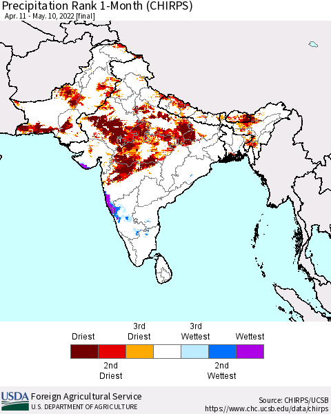 Southern Asia Precipitation Rank 1-Month (CHIRPS) Thematic Map For 4/11/2022 - 5/10/2022