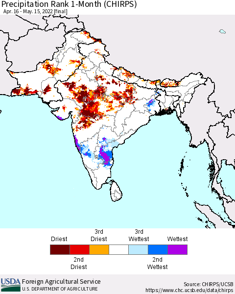 Southern Asia Precipitation Rank since 1981, 1-Month (CHIRPS) Thematic Map For 4/16/2022 - 5/15/2022