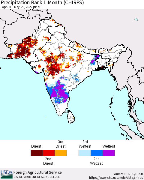 Southern Asia Precipitation Rank 1-Month (CHIRPS) Thematic Map For 4/21/2022 - 5/20/2022