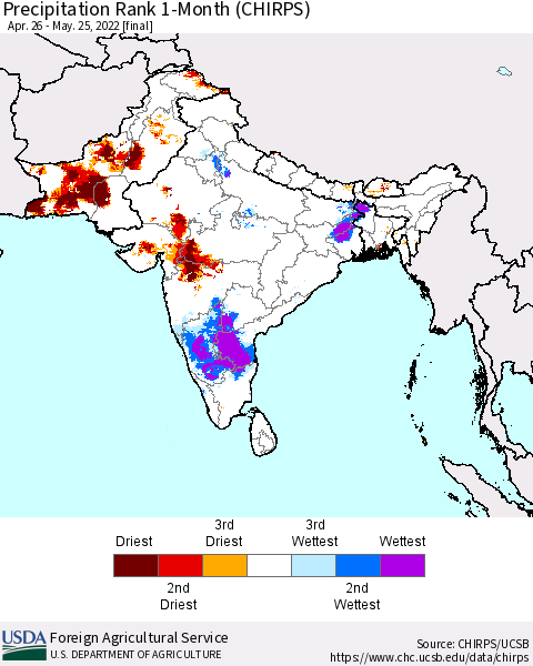 Southern Asia Precipitation Rank 1-Month (CHIRPS) Thematic Map For 4/26/2022 - 5/25/2022