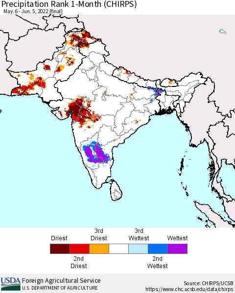 Southern Asia Precipitation Rank since 1981, 1-Month (CHIRPS) Thematic Map For 5/6/2022 - 6/5/2022