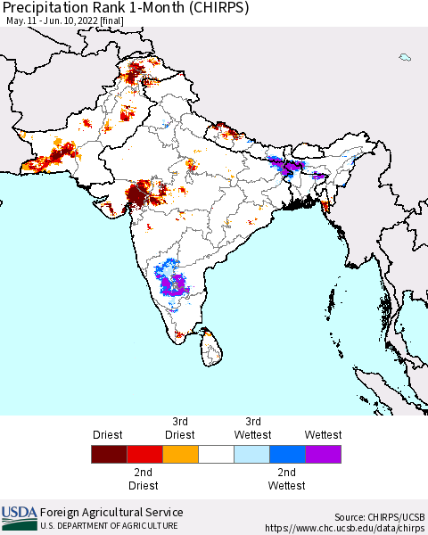 Southern Asia Precipitation Rank since 1981, 1-Month (CHIRPS) Thematic Map For 5/11/2022 - 6/10/2022