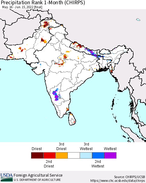 Southern Asia Precipitation Rank 1-Month (CHIRPS) Thematic Map For 5/16/2022 - 6/15/2022