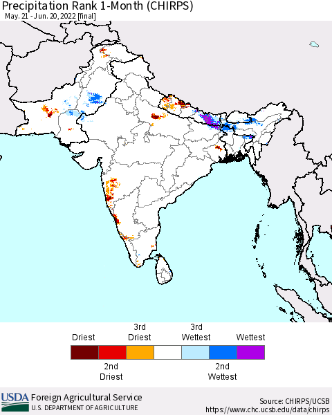 Southern Asia Precipitation Rank 1-Month (CHIRPS) Thematic Map For 5/21/2022 - 6/20/2022