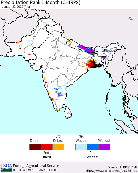 Southern Asia Precipitation Rank 1-Month (CHIRPS) Thematic Map For 6/1/2022 - 6/30/2022