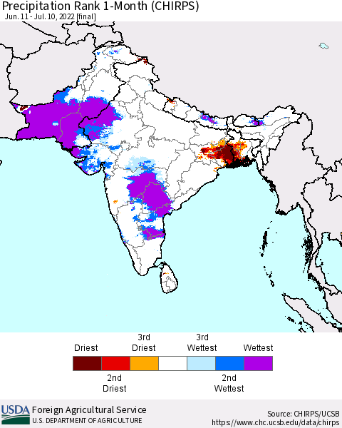 Southern Asia Precipitation Rank since 1981, 1-Month (CHIRPS) Thematic Map For 6/11/2022 - 7/10/2022