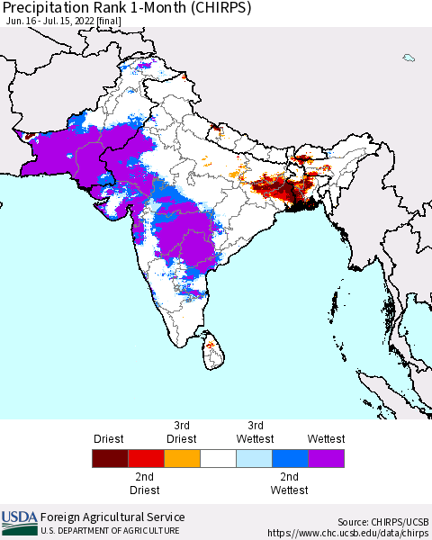 Southern Asia Precipitation Rank since 1981, 1-Month (CHIRPS) Thematic Map For 6/16/2022 - 7/15/2022