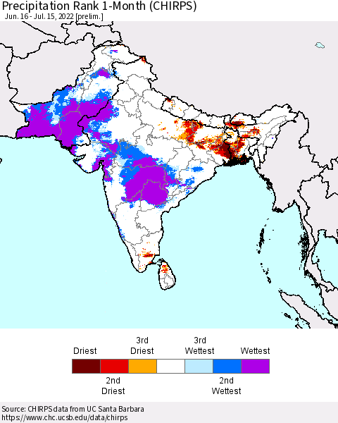 Southern Asia Precipitation Rank 1-Month (CHIRPS) Thematic Map For 6/16/2022 - 7/15/2022