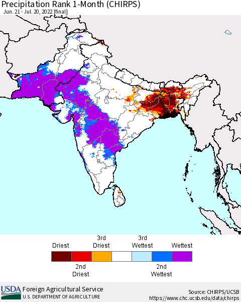 Southern Asia Precipitation Rank since 1981, 1-Month (CHIRPS) Thematic Map For 6/21/2022 - 7/20/2022