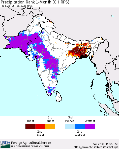 Southern Asia Precipitation Rank since 1981, 1-Month (CHIRPS) Thematic Map For 6/26/2022 - 7/25/2022