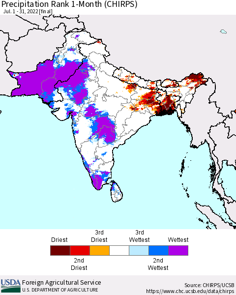 Southern Asia Precipitation Rank since 1981, 1-Month (CHIRPS) Thematic Map For 7/1/2022 - 7/31/2022