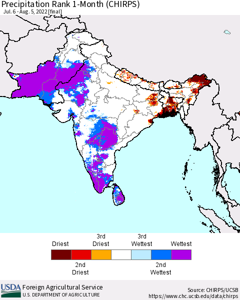 Southern Asia Precipitation Rank since 1981, 1-Month (CHIRPS) Thematic Map For 7/6/2022 - 8/5/2022