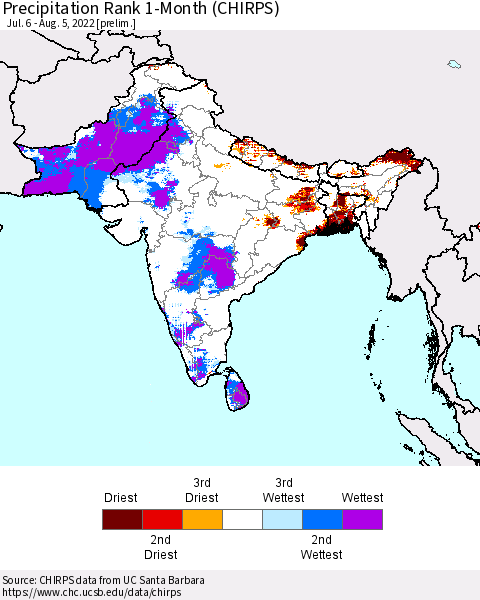 Southern Asia Precipitation Rank 1-Month (CHIRPS) Thematic Map For 7/6/2022 - 8/5/2022