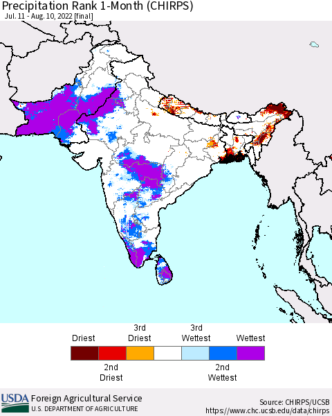 Southern Asia Precipitation Rank since 1981, 1-Month (CHIRPS) Thematic Map For 7/11/2022 - 8/10/2022