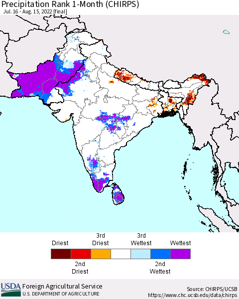 Southern Asia Precipitation Rank 1-Month (CHIRPS) Thematic Map For 7/16/2022 - 8/15/2022