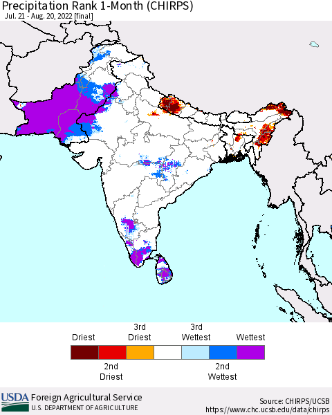 Southern Asia Precipitation Rank since 1981, 1-Month (CHIRPS) Thematic Map For 7/21/2022 - 8/20/2022