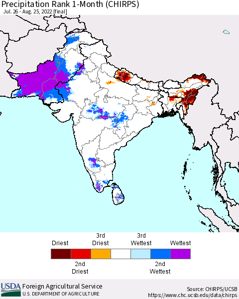 Southern Asia Precipitation Rank 1-Month (CHIRPS) Thematic Map For 7/26/2022 - 8/25/2022