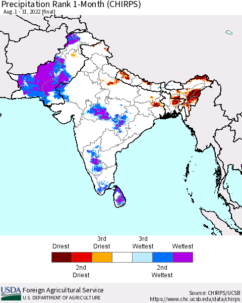 Southern Asia Precipitation Rank since 1981, 1-Month (CHIRPS) Thematic Map For 8/1/2022 - 8/31/2022