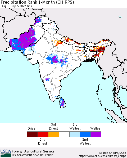 Southern Asia Precipitation Rank 1-Month (CHIRPS) Thematic Map For 8/6/2022 - 9/5/2022