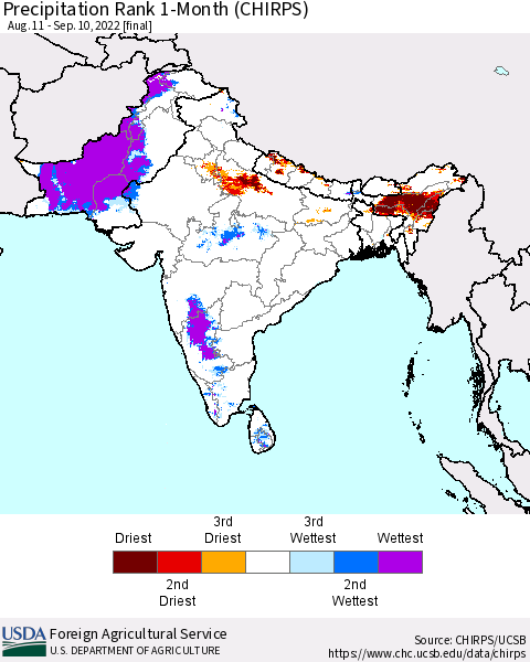 Southern Asia Precipitation Rank since 1981, 1-Month (CHIRPS) Thematic Map For 8/11/2022 - 9/10/2022