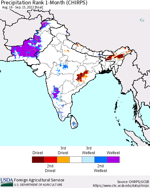 Southern Asia Precipitation Rank since 1981, 1-Month (CHIRPS) Thematic Map For 8/16/2022 - 9/15/2022