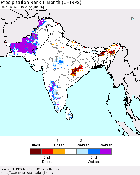 Southern Asia Precipitation Rank 1-Month (CHIRPS) Thematic Map For 8/16/2022 - 9/15/2022