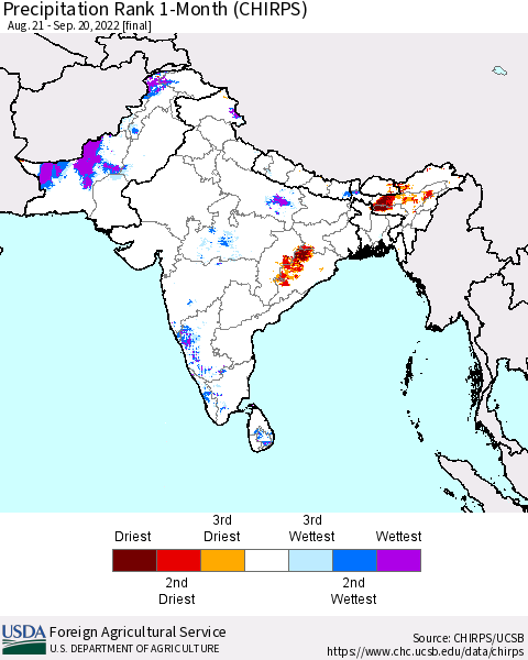 Southern Asia Precipitation Rank since 1981, 1-Month (CHIRPS) Thematic Map For 8/21/2022 - 9/20/2022