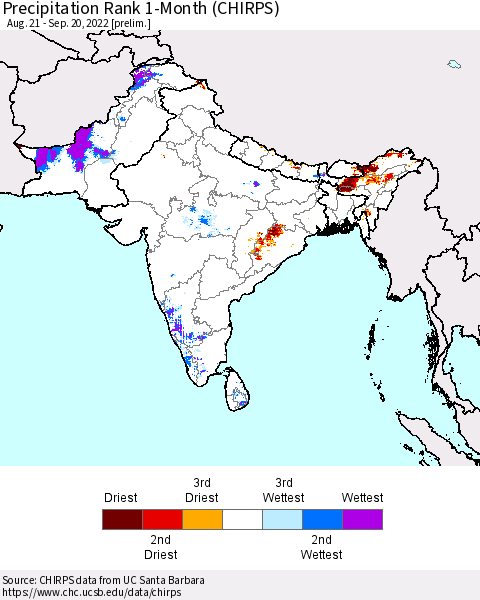 Southern Asia Precipitation Rank 1-Month (CHIRPS) Thematic Map For 8/21/2022 - 9/20/2022