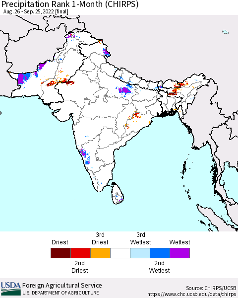 Southern Asia Precipitation Rank since 1981, 1-Month (CHIRPS) Thematic Map For 8/26/2022 - 9/25/2022
