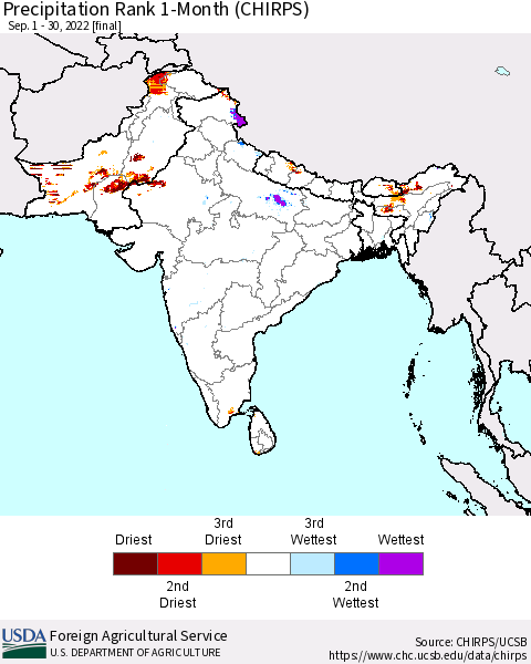 Southern Asia Precipitation Rank since 1981, 1-Month (CHIRPS) Thematic Map For 9/1/2022 - 9/30/2022