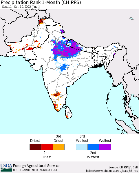 Southern Asia Precipitation Rank since 1981, 1-Month (CHIRPS) Thematic Map For 9/11/2022 - 10/10/2022