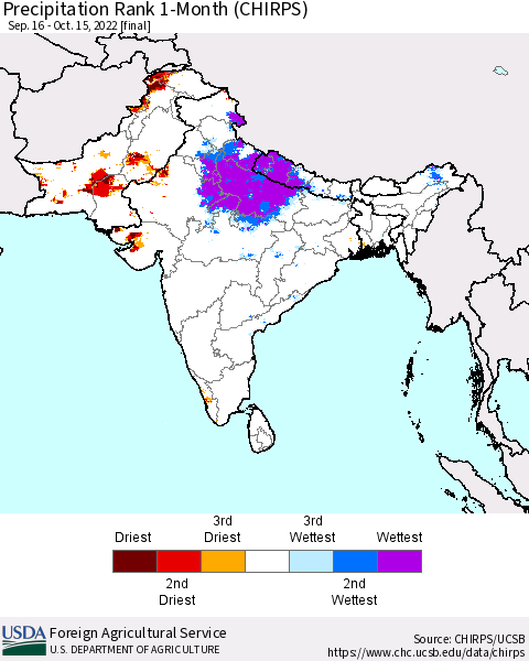 Southern Asia Precipitation Rank since 1981, 1-Month (CHIRPS) Thematic Map For 9/16/2022 - 10/15/2022