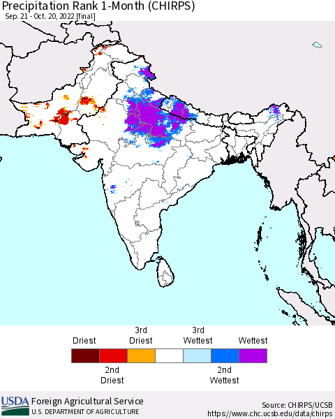Southern Asia Precipitation Rank since 1981, 1-Month (CHIRPS) Thematic Map For 9/21/2022 - 10/20/2022