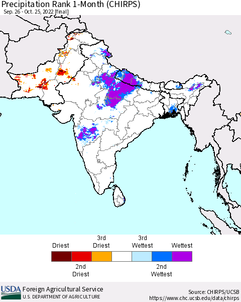 Southern Asia Precipitation Rank since 1981, 1-Month (CHIRPS) Thematic Map For 9/26/2022 - 10/25/2022
