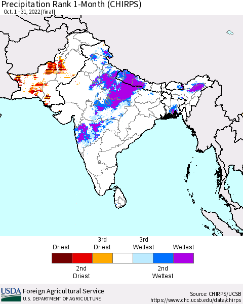 Southern Asia Precipitation Rank since 1981, 1-Month (CHIRPS) Thematic Map For 10/1/2022 - 10/31/2022