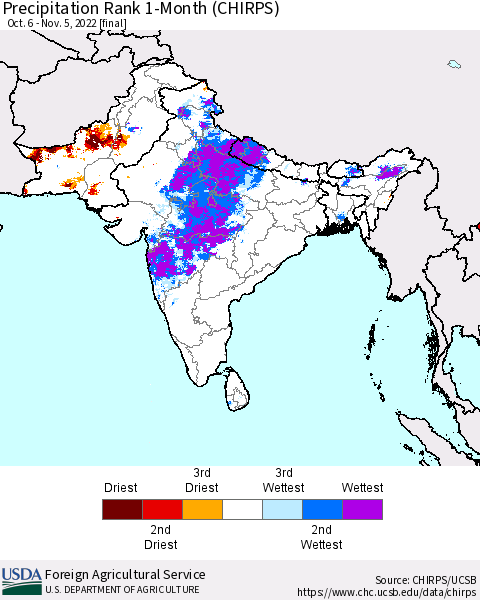 Southern Asia Precipitation Rank 1-Month (CHIRPS) Thematic Map For 10/6/2022 - 11/5/2022