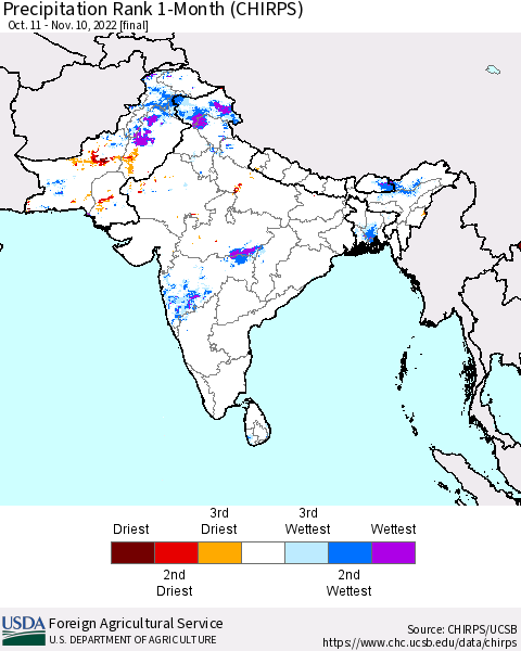 Southern Asia Precipitation Rank since 1981, 1-Month (CHIRPS) Thematic Map For 10/11/2022 - 11/10/2022