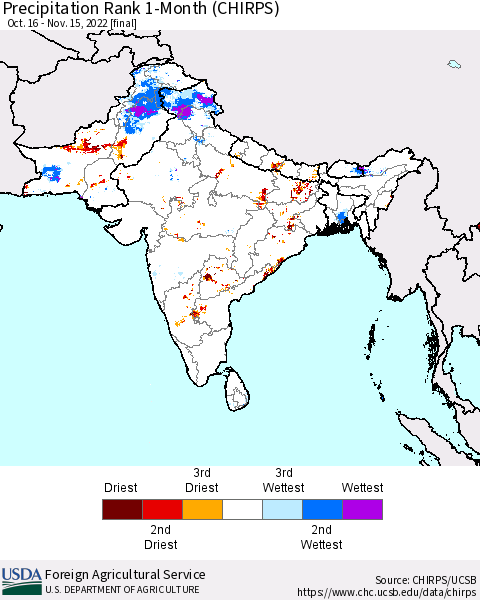 Southern Asia Precipitation Rank since 1981, 1-Month (CHIRPS) Thematic Map For 10/16/2022 - 11/15/2022