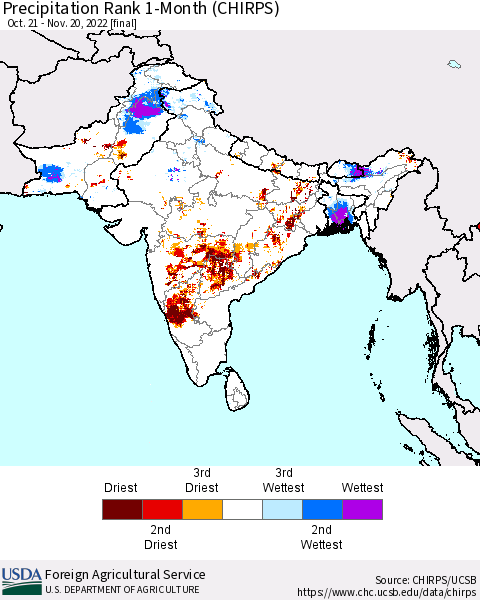 Southern Asia Precipitation Rank since 1981, 1-Month (CHIRPS) Thematic Map For 10/21/2022 - 11/20/2022