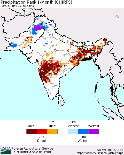 Southern Asia Precipitation Rank 1-Month (CHIRPS) Thematic Map For 10/26/2022 - 11/25/2022