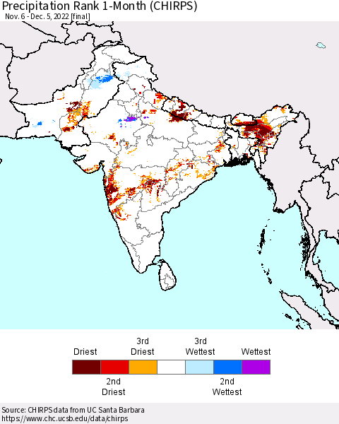 Southern Asia Precipitation Rank 1-Month (CHIRPS) Thematic Map For 11/6/2022 - 12/5/2022
