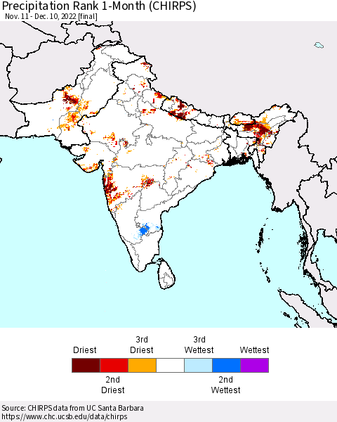 Southern Asia Precipitation Rank since 1981, 1-Month (CHIRPS) Thematic Map For 11/11/2022 - 12/10/2022
