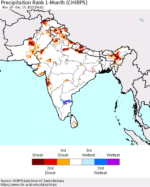 Southern Asia Precipitation Rank since 1981, 1-Month (CHIRPS) Thematic Map For 11/16/2022 - 12/15/2022