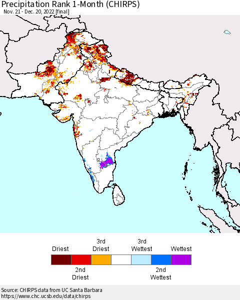 Southern Asia Precipitation Rank 1-Month (CHIRPS) Thematic Map For 11/21/2022 - 12/20/2022