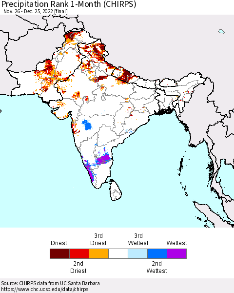 Southern Asia Precipitation Rank 1-Month (CHIRPS) Thematic Map For 11/26/2022 - 12/25/2022