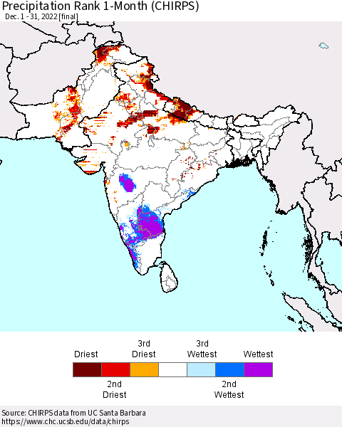 Southern Asia Precipitation Rank since 1981, 1-Month (CHIRPS) Thematic Map For 12/1/2022 - 12/31/2022
